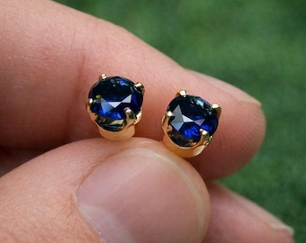 Deep Blue Sapphire Stud Earrings in 925 Sterling Silver, Screwback U-Prong Setting