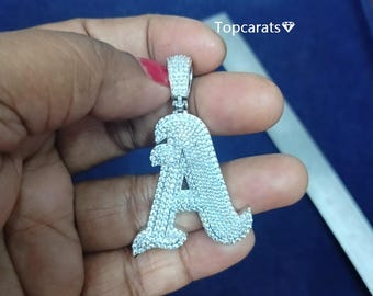 Personalized Moissanite Initial Pendant A: Sterling Silver Iced Out Hip Hop Jewelry
