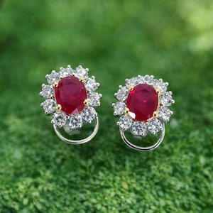 Simulated Ruby Halo Earrings in Sterling Silver with CZ Accents Elegant Bridal Gift Jewelry