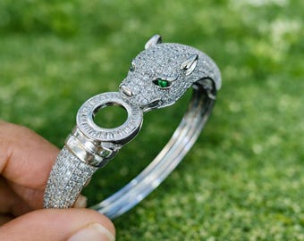 925 Silver Panther Head CZ Bangle – Luxury Emerald Eye Designer Bracelet for Women men