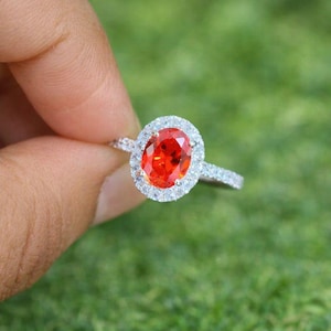 Oval Simulated Ruby Halo Ring in 925 Sterling Silver | Red Stone Engagement Ring
