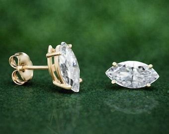 Marquise Cut CZ or Moissanite Stud Earrings, Gold Plated Sterling Silver