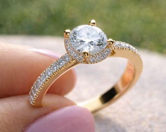 Moissanite Hidden Halo Engagement Ring – Sterling Silver Round Cut Bridal Promise Ring Women
