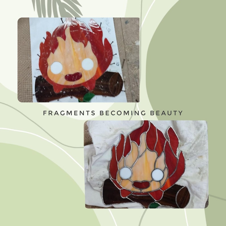 May include: Two images of a stained glass campfire design. The campfire has a smiling face with white eyes and a red and orange flame. The campfire is sitting on a brown log. The text "FRAGMENTS BECOMING BEAUTY" is below the images.
