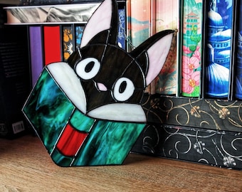 Jiji Cat Reading Book Stained Glass Suncatcher, Black Cat Window Hanging, Book Lover Gift, Studio Ghibli Inspired Decor