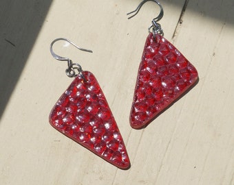 Red glass triangle drop earrings, cherry-red, casual jewelry, stained glass