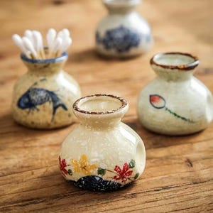 Puede incluir: Una colección de pequeños jarrones de cerámica con una estética rústica. Un jarrón contiene bastoncillos de algodón. Los jarrones presentan diseños pintados a mano, incluyendo un pez, motivos florales y una flor de loto. La paleta de colores incluye beige, azul y rojo.