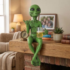 Divertida estatua de alienígena bebiendo cerveza, adorno para estante, figura de alienígena verde, artículo de resina coleccionable, decoración de escritorio de ciencia ficción, pieza para estante de bar