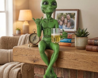 Funny Alien Statue Beer Drinking Shelf Sitter, Green Alien Figurine Decor, Resin Novelty Collectible, Sci-Fi Desk Decor, Bar Shelf Piece