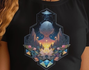 Camiseta corta Jardín Cósmico / Paisaje onírico de loto espacial / Ilustración de fantasía de diosa