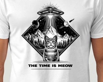 Camiseta OVNI de gato cósmico / Cuello redondo de algodón unisex / Fanáticos de los OVNIS / Regalo divertido para amantes de los animales
