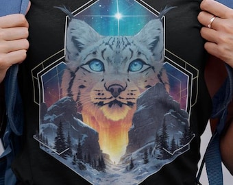 Camiseta unisex con adorable lince / Fondo de aurora boreal / Regalo para amantes de la naturaleza