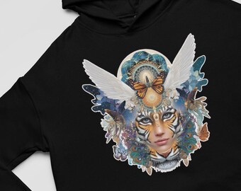 Festive Butterfly Tiger Goddess Cropped Hoodie | Stylish Festival Activewear | Nature Lover Gift