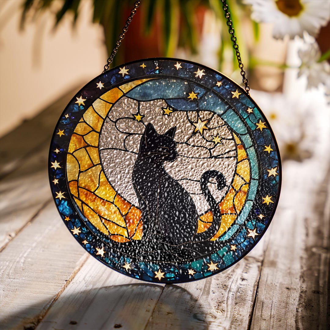 Round Stained Glass Black Cat & Moon Suncatcher - Celestial Window ...