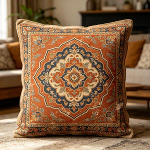 May include: A square throw pillow featuring a central medallion pattern in shades of burnt orange, navy blue, and cream. The design includes intricate floral and vine motifs within a decorative border, all set against a textured fabric surface.