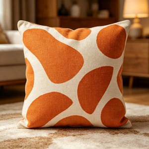 Peut inclure: Un coussin carré doté d'une base en tissu texturé blanc cassé avec un motif répétitif de grandes formes arrondies irrégulières d'une couleur orange brûlé vive. Le coussin présente une texture de tissu tissé visible sur toute la surface.