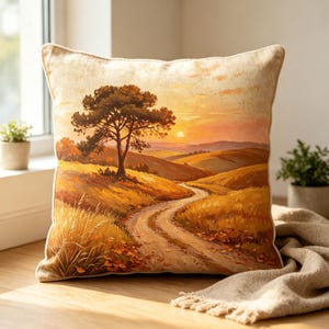 Könnte beinhalten: Ein quadratisches Zierkissen mit einer aufgedruckten Landschaftsszene, die einen gewundenen Feldweg durch goldene Wiesen zu einem einzelnen Baum unter einem Sonnenuntergangshimmel zeigt. Die Farbpalette besteht aus warmen Orange-, Gelb- und Brauntönen.
