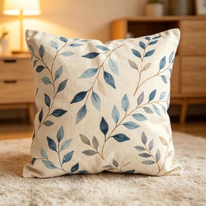 Può includere: Cuscino decorativo quadrato con sfondo color crema e un motivo ripetuto di foglie blu e grigie su steli marroni. Il cuscino è realizzato in tessuto strutturato ed è posto su un tappeto di colore chiaro. Adatto per la decorazione.