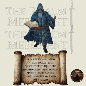 Ficha isométrica de mago para VTT: sprite de rol de fantasía con 8 direcciones (descarga digital)