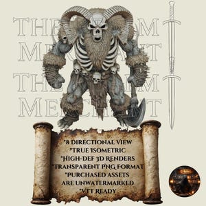 Imagen isométrica PNG de Skull Warlord para Dungeon Crawler, recurso VTT de 8 direcciones (descarga digital)