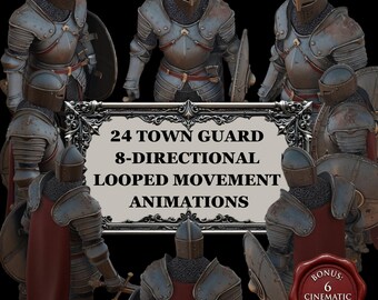 24-Town Guard Looped Animations, 8-Directional Walking Movement, idle and Combat, Transparent Isometric WebM, 6 Bonus Cutscenes, VTT Assets