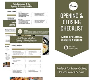Checkliste zum Öffnen und Schließen für Cafés, Restaurants, Bars | FOH + BOH Schicht-Checklisten | PDF + Canva-Vorlage