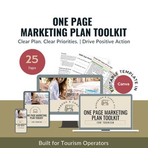 One Page Marketing Plan Toolkit for Tourism | PDF Workbook + Examples | Editable Canva Template