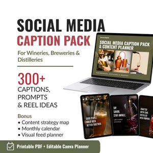 May include: A digital social media caption pack and content planner for wineries, breweries, and distilleries. The set includes 300+ captions, prompts, and reel ideas, plus a content strategy map, monthly calendar, and visual feed planner in PDF and Canva.