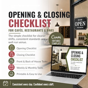 May include: An opening and closing checklist template for cafes, restaurants, and bars. The document features sections for opening, closing, front and back of house, and weekly tasks. It is displayed on a laptop screen with a Canva editable label.