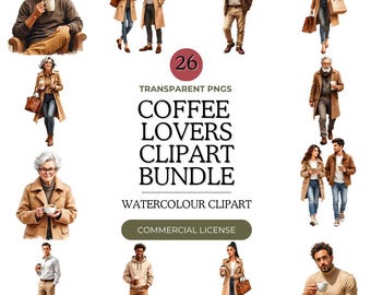 Coffee People Clipart Bundle PNG | Watercolour Diverse Adults & Seniors with Coffee | Commercial Use