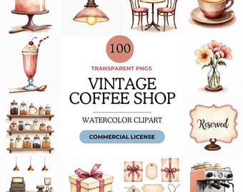100+ Vintage Bistro & Coffee Shop Clipart, PNGs, hohe Auflösung, Aquarell, Café