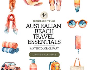 Australische Strand Reiseutensilien Clipart Bundle | Aquarell PNG Transparent 300 dpi |  Kommerzielle Nutzung