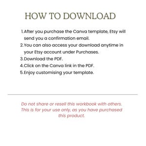 Puede incluir: Fondo blanco con texto que explica los pasos para descargar una plantilla de Canva. El texto incluye pasos numerados sobre c&oacute;mo acceder a la plantilla despu&eacute;s de la compra, incluso a trav&eacute;s de una cuenta de Etsy.