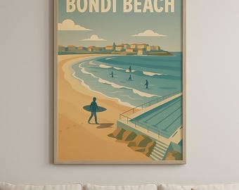 Bondi Beach Vintage Travel Poster: Retro Australian Surf Art (Digital Download
