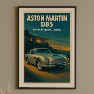 Aston Martin DB5 Poster – Vintage Car Wall Art, Retro Luxury Auto Print, Mid-Century Coastal Drive Illustration (Digital Download)