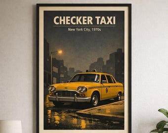 NYC Checker Taxi Poster Digital Download - Vintage 1970s New York Print - Retro City Wall Art Gift