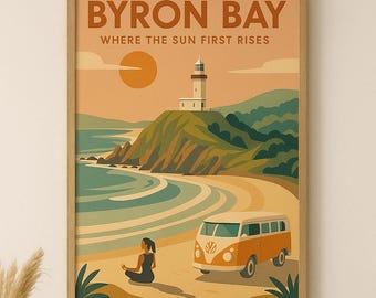 Byron Bay Travel Poster: Vintage Coastal Sunrise Art (Digital Download