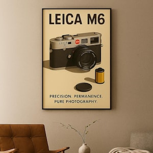 May include: A framed poster featuring a Leica M6 camera illustration. The poster has the text "LEICA M6" at the top and "PRECISION. PERMANENCE. PURE PHOTOGRAPHY." at the bottom. The image includes a film canister and lens cap.