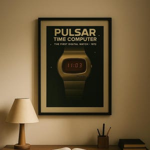 Puede incluir: Un póster enmarcado con un reloj digital Pulsar dorado que muestra la hora 11:03. El póster dice "Pulsar Time Computer" y "The First Digital Watch - 1972". Está sobre un escritorio de madera con una lámpara, un libro abierto y lápices.