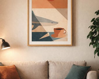 Mid-Century Shark Coffee Print | Retro Surreal Wall Art (Instant Download)