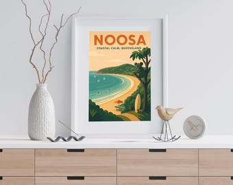 Lámina costera de Noosa - Póster de viaje vintage de Queensland de mediados de siglo, arte playero australiano, descarga digital