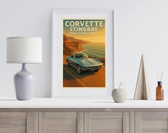 Corvette Stingray — Lámina de coche clásico de mediados de siglo, póster retro de automovilismo americano, descarga digital