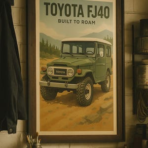 Póster del Toyota FJ40 Land Cruiser: Impresión digital vintage 4x4, arte mural todoterreno, ilustración de coche clásico (300 dpi)