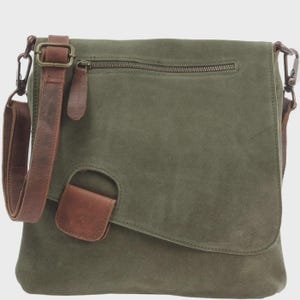 Olive Green Suede Crossbody – Handmade Bag with Full-Grain Leather Strap