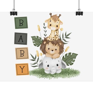 Jungle Safari Animal Nursery Wall Art, Set of 3 Prints, Giraffe, Lion & Elephant, Baby Room Decor. Personalized Name Poster