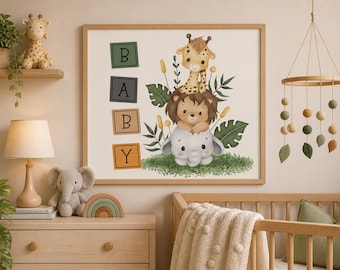 Safari Nursery Art Prints: Giraffe, Lion & Elephant - Personalized Baby Decor