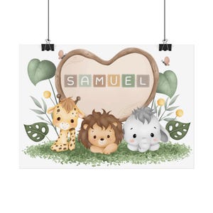 Jungle Safari Animal Nursery Wall Art. Set of 3 Prints  Giraffe, Lion & Elephant Baby Room Decor, Personalized Name Poster