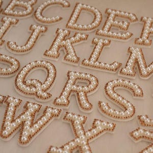 1.77&quot; White Pearl Gold Letter Patch – Iron On Alphabet A-Z Initial Badge for Jacket, Bag, Shirt, DIY Bridal Craft