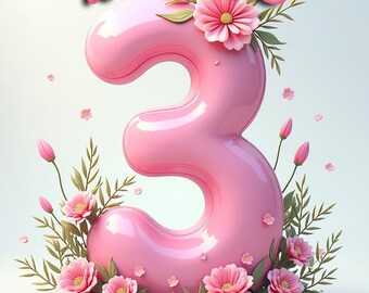 May include: Pink birthday party invitation featuring the text "ANASTASIA IS TURNING 3". The number 3 is large and pink, decorated with pink flowers and green leaves. Additional text includes party details and a unicorn and flamingo.