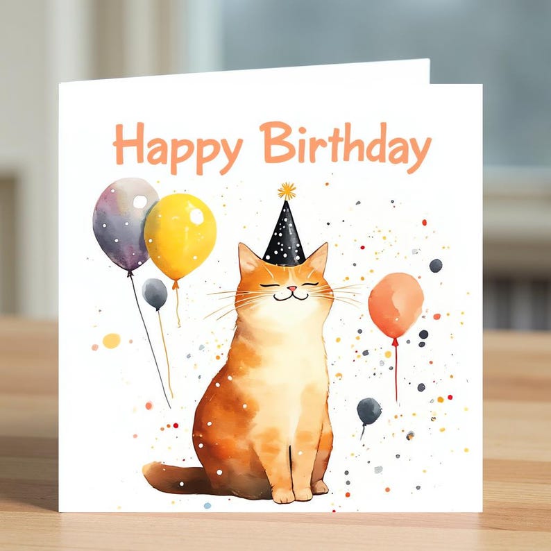 Watercolor Cat Birthday Card, Cute Kitten Greeting, Hand-painted Kitty ...